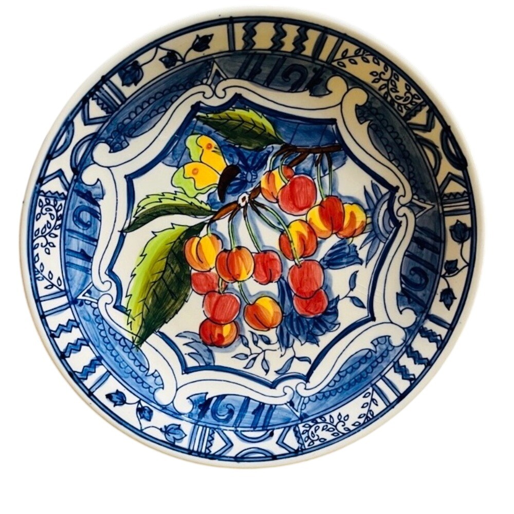 Chateau 1994 Cardinal Inc Ceramic 8 Inch Plate Blue White Cherries Butterfly